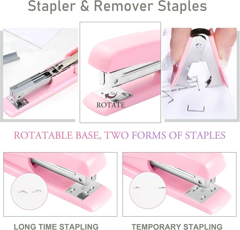 Dimonluce Pink Desk Accessories, Pink Office Supplies Accessories with Tape Dispenser, Stapler, Staple Remover, 1000 Staples, Tape, Clips Set, Ruler, Scissor, Pen - Image 2